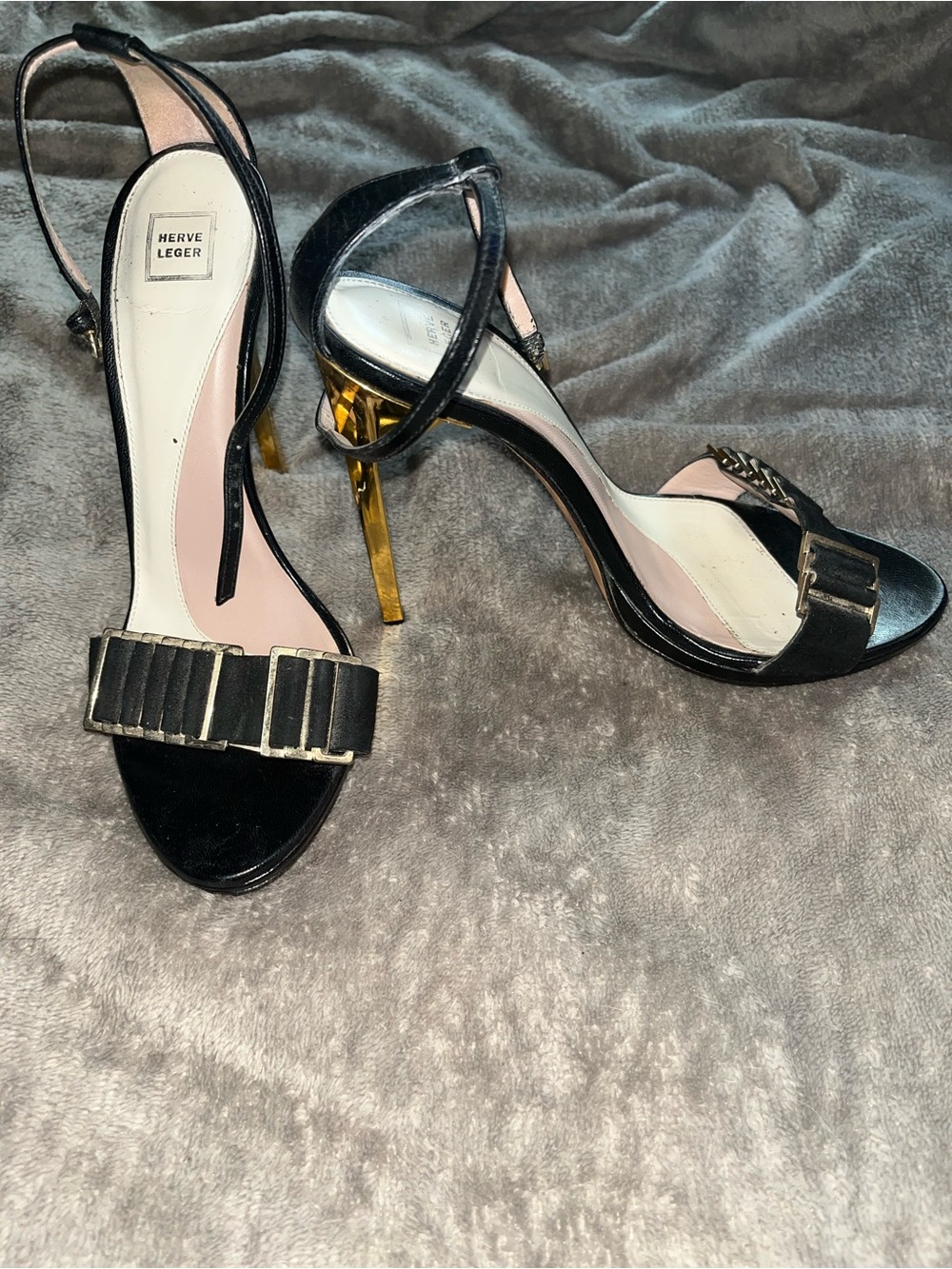Herve Leger Black Suede Bow Strap Sandals with Gold Stiletto Heel